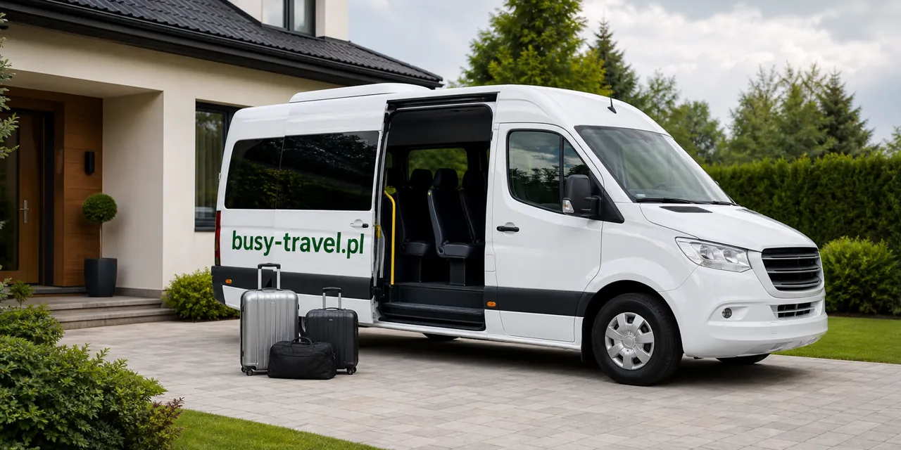 Bus busy-travel.pl podczas odbioru pasażera z bagażem spod domu